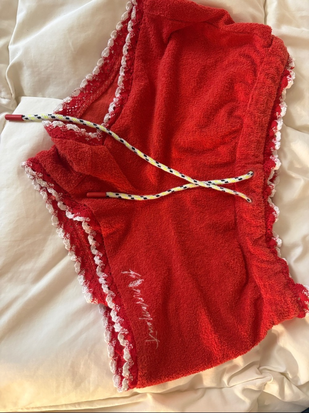 Free People Bright Red Terry Lounge Shorts with White Scalloped Edge